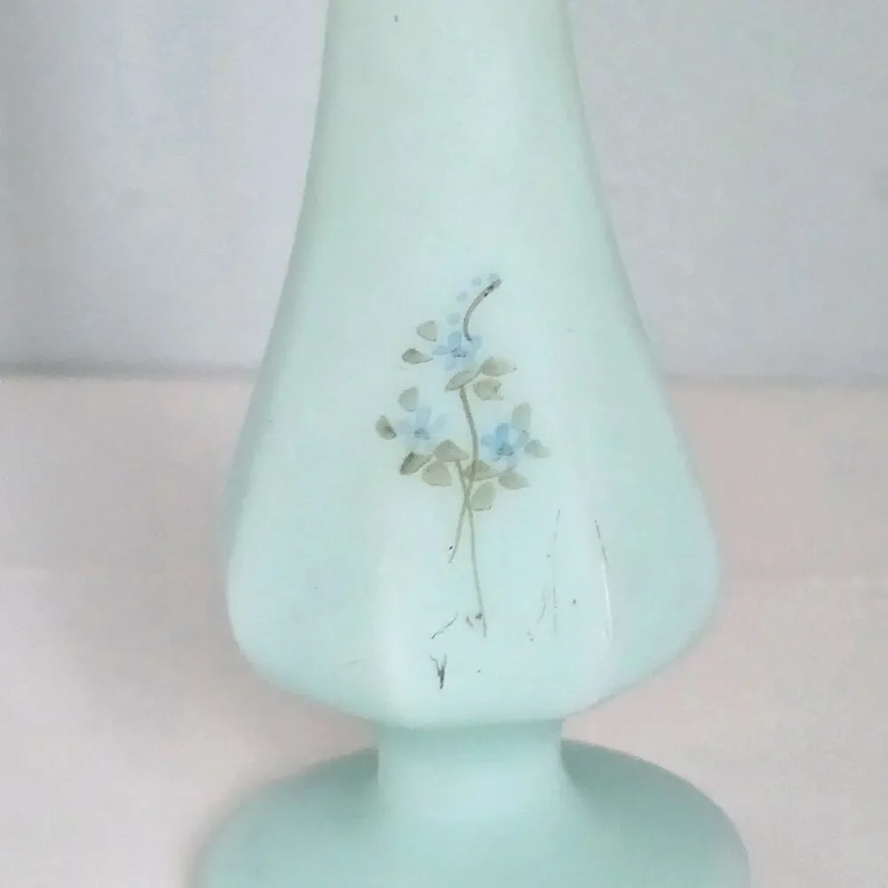 Vintage Fenton Bud Vase Blue Roses Hand Painted Satin Glass Artist Signed MCM